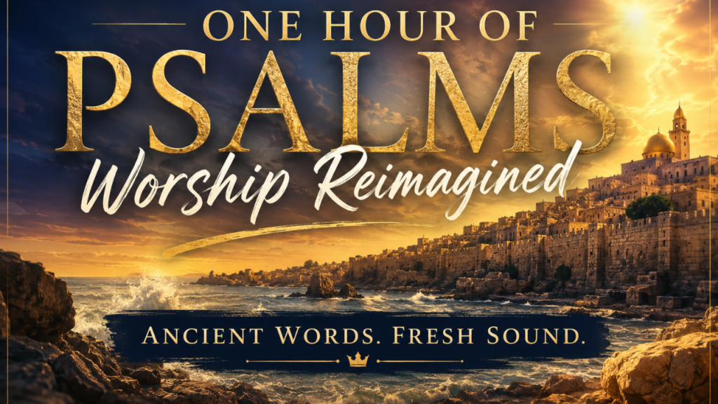 Ancient city on a hill next to water with the text "One Hour Of Psalms - Worship Reimagined - Ancient Words - Fresh Sound"