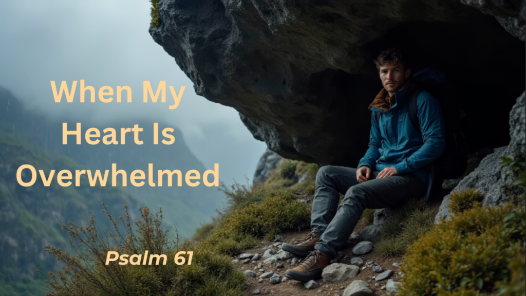 Hiker sitting under a rock overhang on a mountain with the text "When my heart is overwhelmed - Psalm 61"