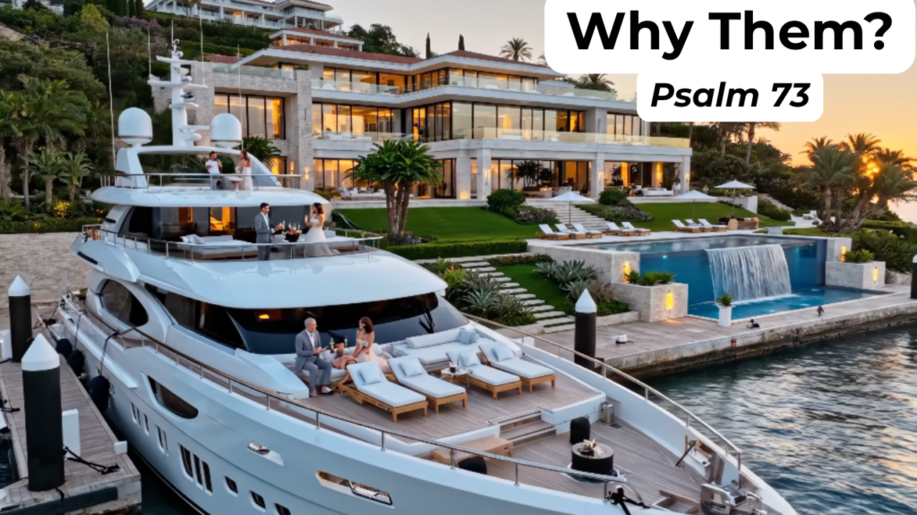 Yacht in front of waterfront property with the text "Why Them? - Psalm 73"