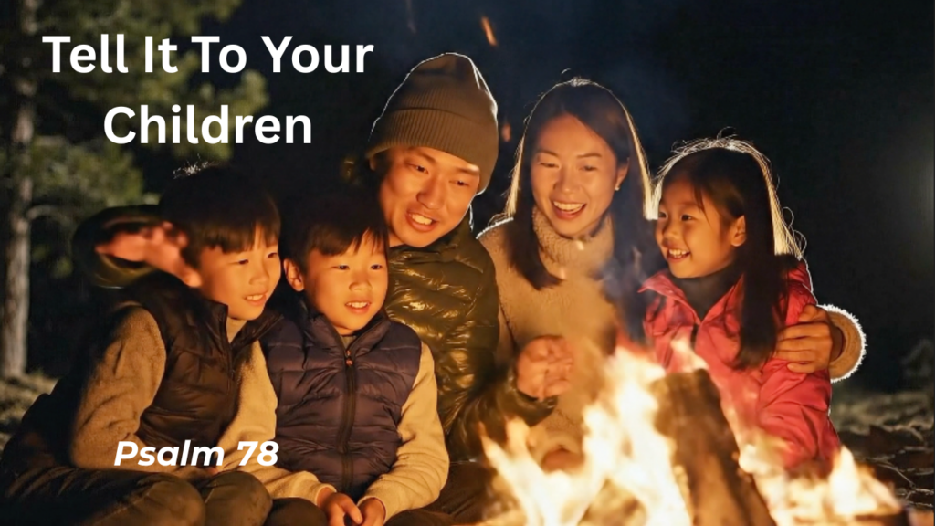 Family sitting around a campfire at night with the text "Tell It To Your Children - Psalm 78"