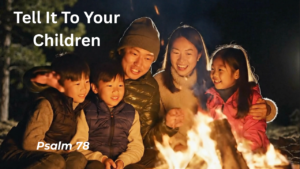 Family sitting around a campfire with the text "Tell It To Your Children - Psalm 78"