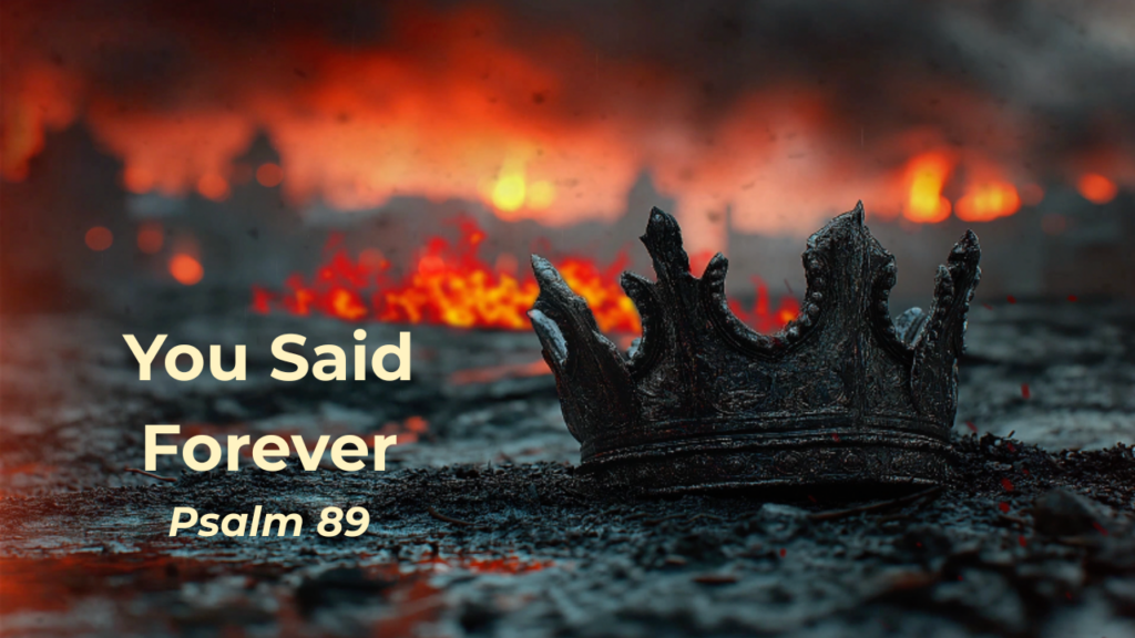 Burnt royal crown sitting among ruins with text "You said forever - Psalm 89"