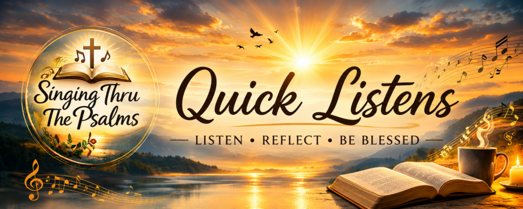 Golden sunrise with open Bible and cup of coffee with text "Singing Thru The Psalms - Quick Listens"