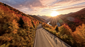 Empty mountain road at sunset