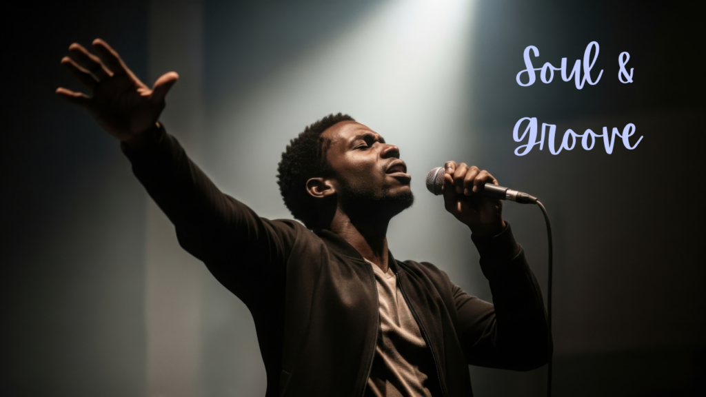 Black man singing holding a microphone with text "Soul & Groove"