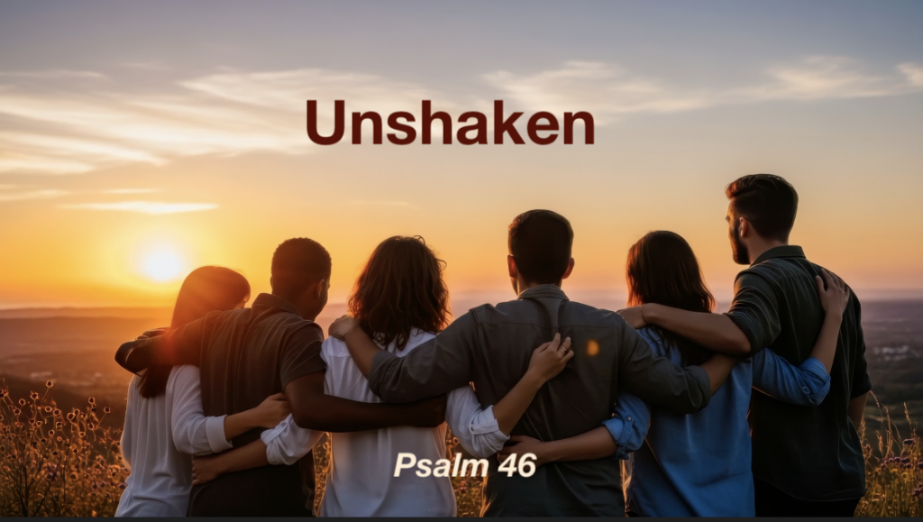 Group of people with arms linked looking at sunset with the text "Unshaken - Psalm 46"