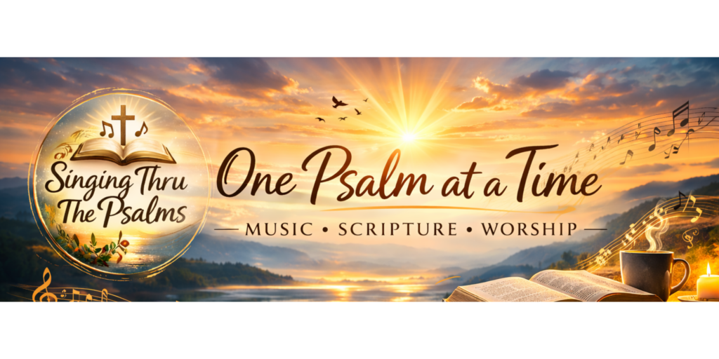 Golden sunrise with open Bible and coffee with text "Singing Thru The Psalms - One Psalm At A Time"