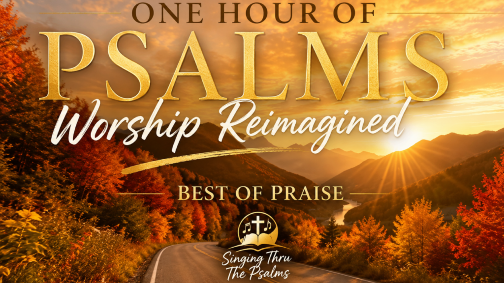 Golden sunset over hills with fall colors with the text "One Hour Of Psalms - Worship Reimagined - Best of Praise - Singing Thru The Psalms"