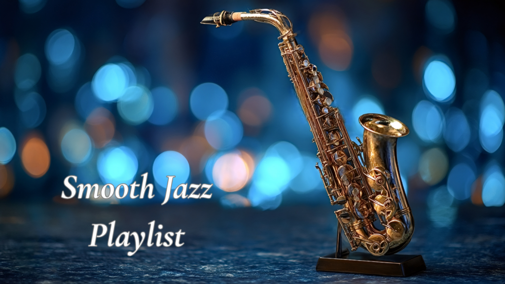 Saxophone sitting on a stand with stage lights in the background with the text "Smooth Jazz Playlist"
